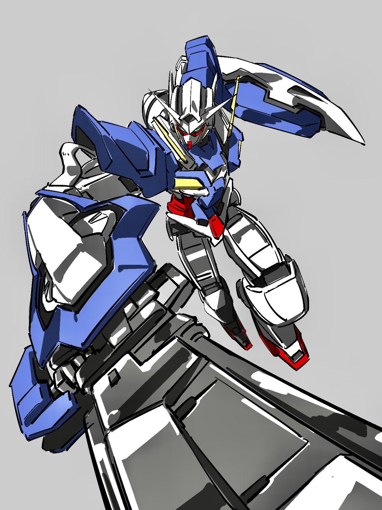 atsynd, gundam exia, gundam, gundam 00, highres, armor, asymmetrical dual wielding, blue armor, dual wielding, foreshortening, full body, holding, holding sword, holding weapon, mobile suit, no humans, robot, shield, sword, weapon, white armor