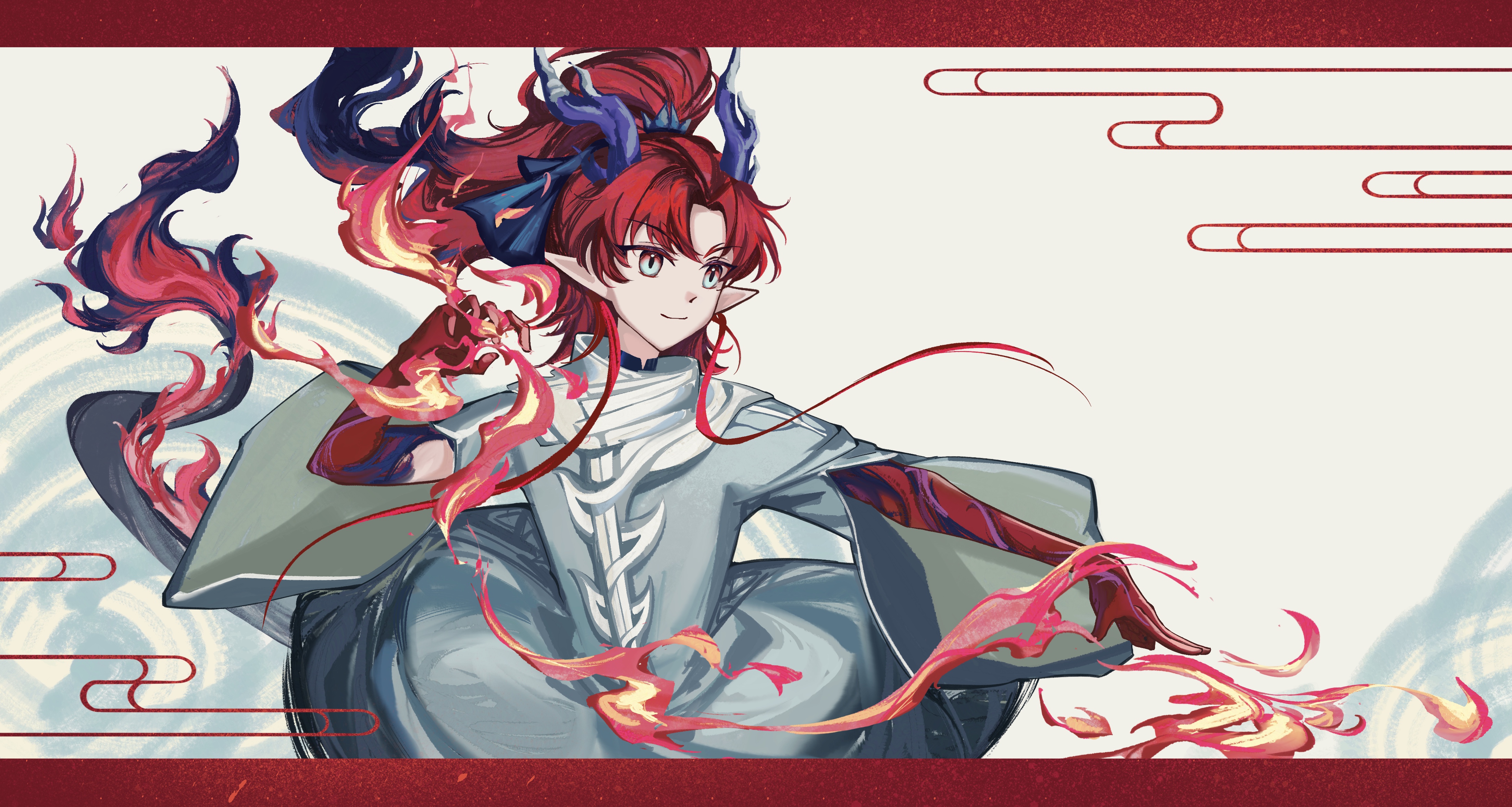 yu (arknights), arknights, absurdres, chinese commentary, commentary request, highres, 1boy, closed mouth, colored extremities, egasumi, fire, green eyes, hair intakes, horns, light smile, long hair, magic, male focus, multicolored hair, pointy ears, purple hair, pyrokinesis, red hair, solo, tail, two-tone hair, wide sleeves, xianyao068