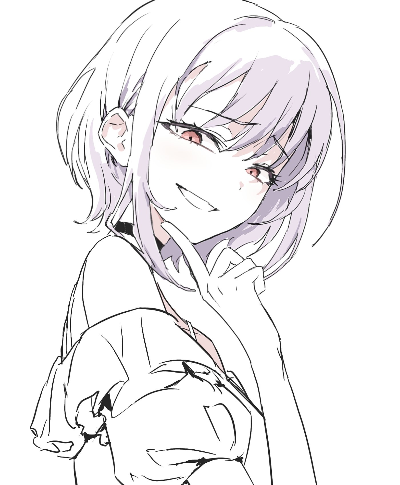 m arijuan a, yuutenji nyamu, bang dream!, bang dream! it's mygo!!!!!, commentary, hashtag-only commentary, highres, 1girl, bare shoulders, hand up, index finger raised, looking at viewer, off shoulder, partially colored, purple hair, red eyes, short hair, simple background, smile, solo, upper body, white background