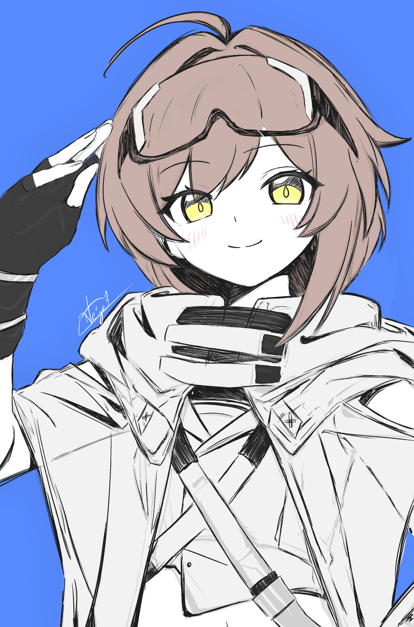 noire neige, kokona (strinova), strinova, highres, 1girl, ahoge, belt, blue background, blush, brown hair, fingerless gloves, gloves, goggles, goggles on head, hair intakes, hand up, jacket, looking at viewer, navel, salute, simple background, smile, solo, yellow eyes