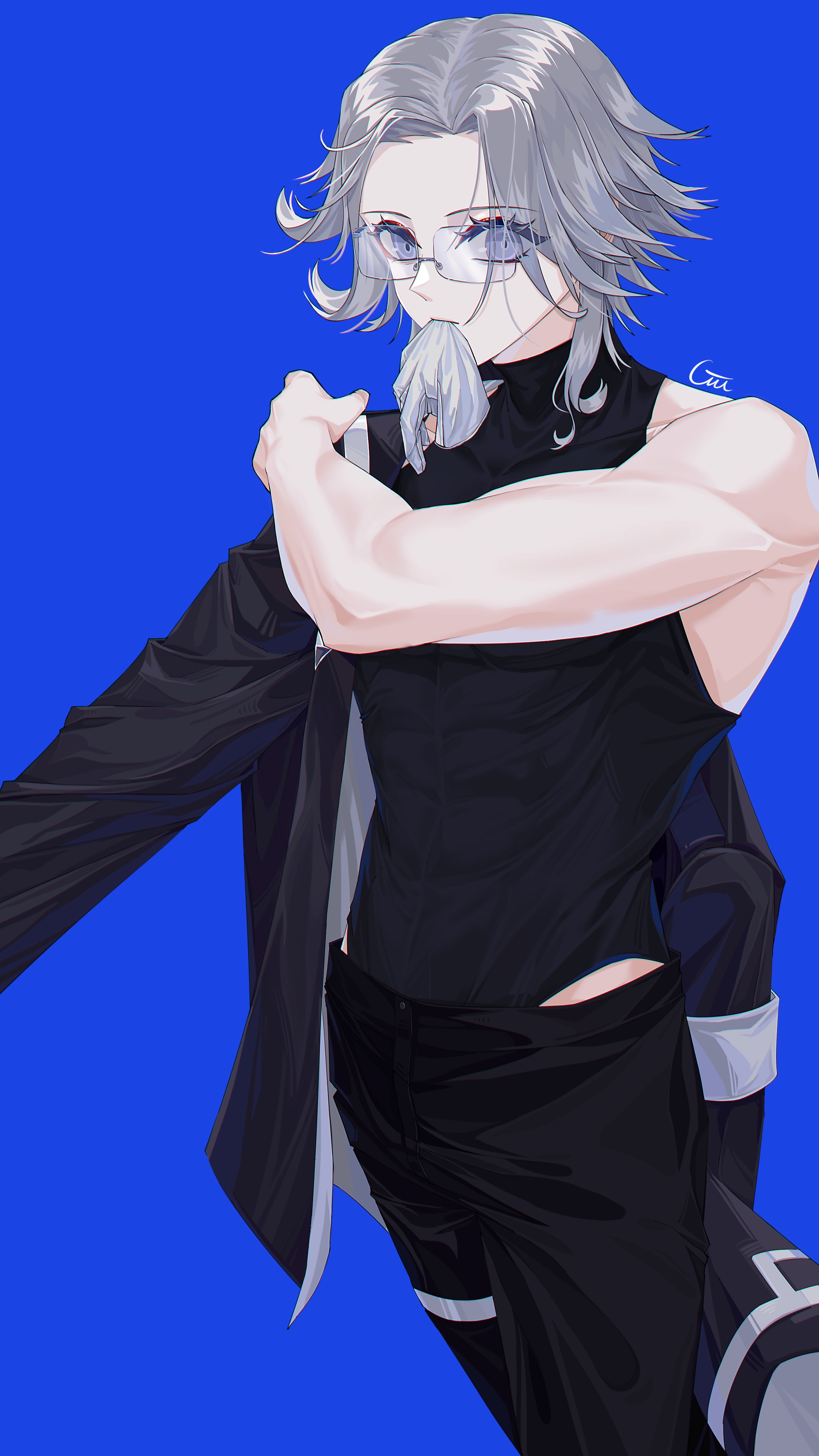 gui-00, aotsuki eito, the hundred line -last defense academy-, absurdres, chinese commentary, commentary request, highres, 1boy, armband, black jacket, black pants, black shirt, blue background, covered abs, cowboy shot, dressing, eyelashes, eyeliner, gakuran, glasses, glove in mouth, gloves, grey hair, jacket, last defense academy school uniform, looking at viewer, makeup, male focus, mouth hold, pants, red eyeliner, school uniform, shirt, short hair, signature, simple background, sleeveless, sleeveless shirt, solo, toned, toned male, white armband, white gloves