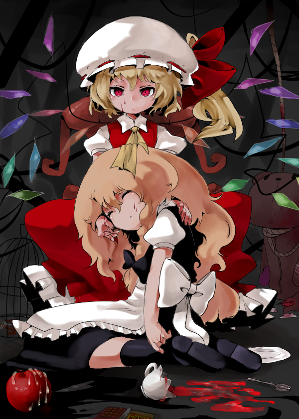 ichihaya, flandre scarlet, kirisame marisa, touhou, 2girls, apple, apron, ascot, bear, blonde hair, bow, cage, chocolate, cup, dress, female focus, food, fork, fruit, hat, hat bow, long hair, multiple girls, no headwear, plate, red eyes, short hair, side ponytail, sitting, teacup, wings