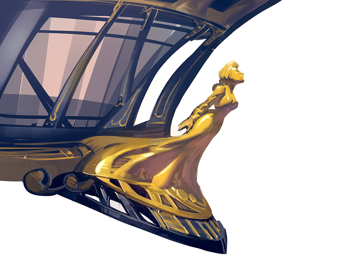 ben lo, bioshock, bioshock (series), bioshock infinite, concept art, aircraft, airship, close-up, dress, gold skin, no humans, object focus, painterly, ship's figurehead, statue, window