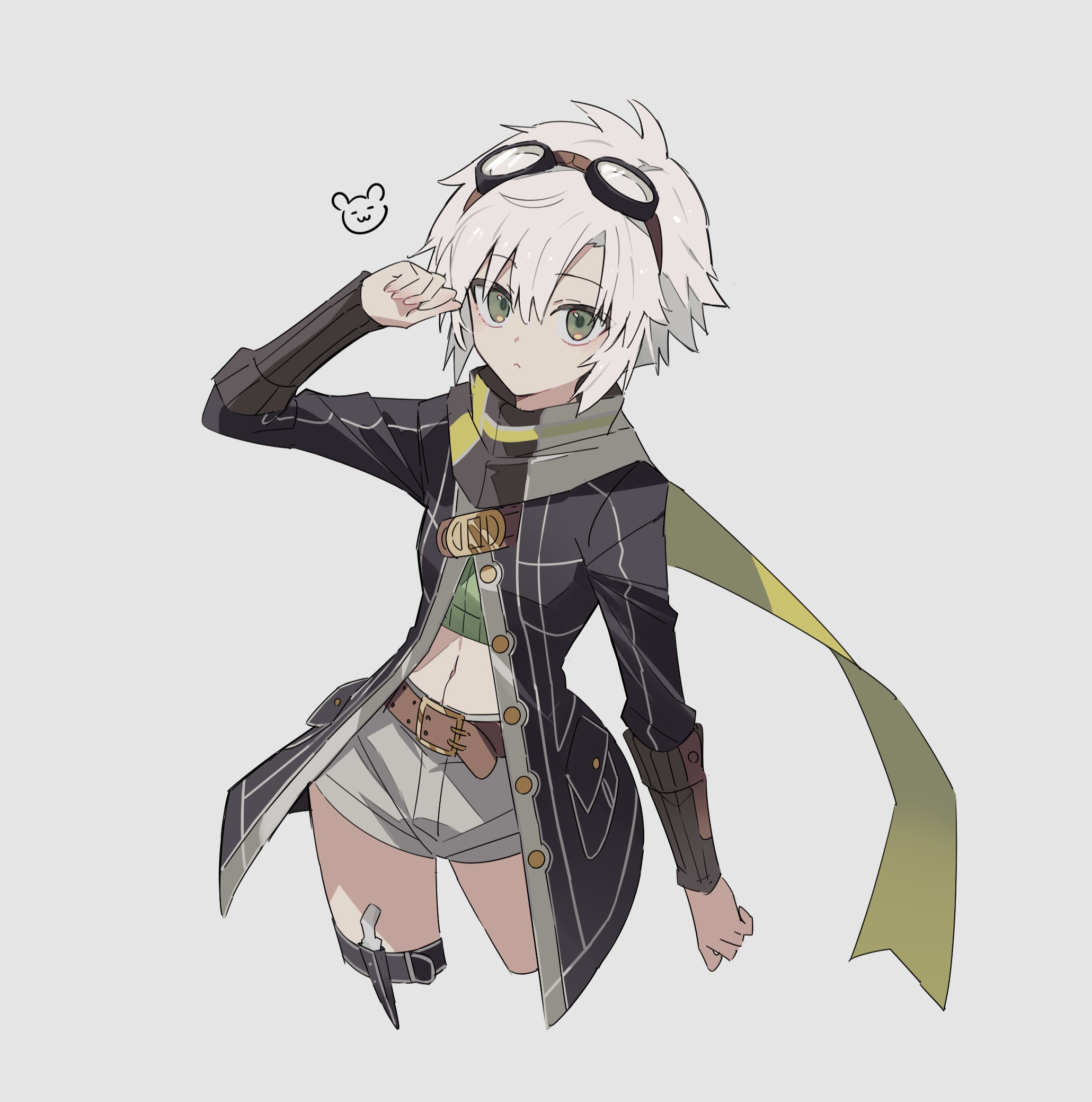 george man, fie claussell, eiyuu densetsu, sen no kiseki, sen no kiseki (series), sen no kiseki ii, highres, 1girl, coat, crop top, denim, denim shorts, floating scarf, goggles, goggles on head, green eyes, grey background, hair between eyes, holster, knife, long sleeves, looking at viewer, midriff, navel, open clothes, open coat, parted bangs, scarf, short hair, shorts, sideburns, solo, thigh holster, upper body, white hair