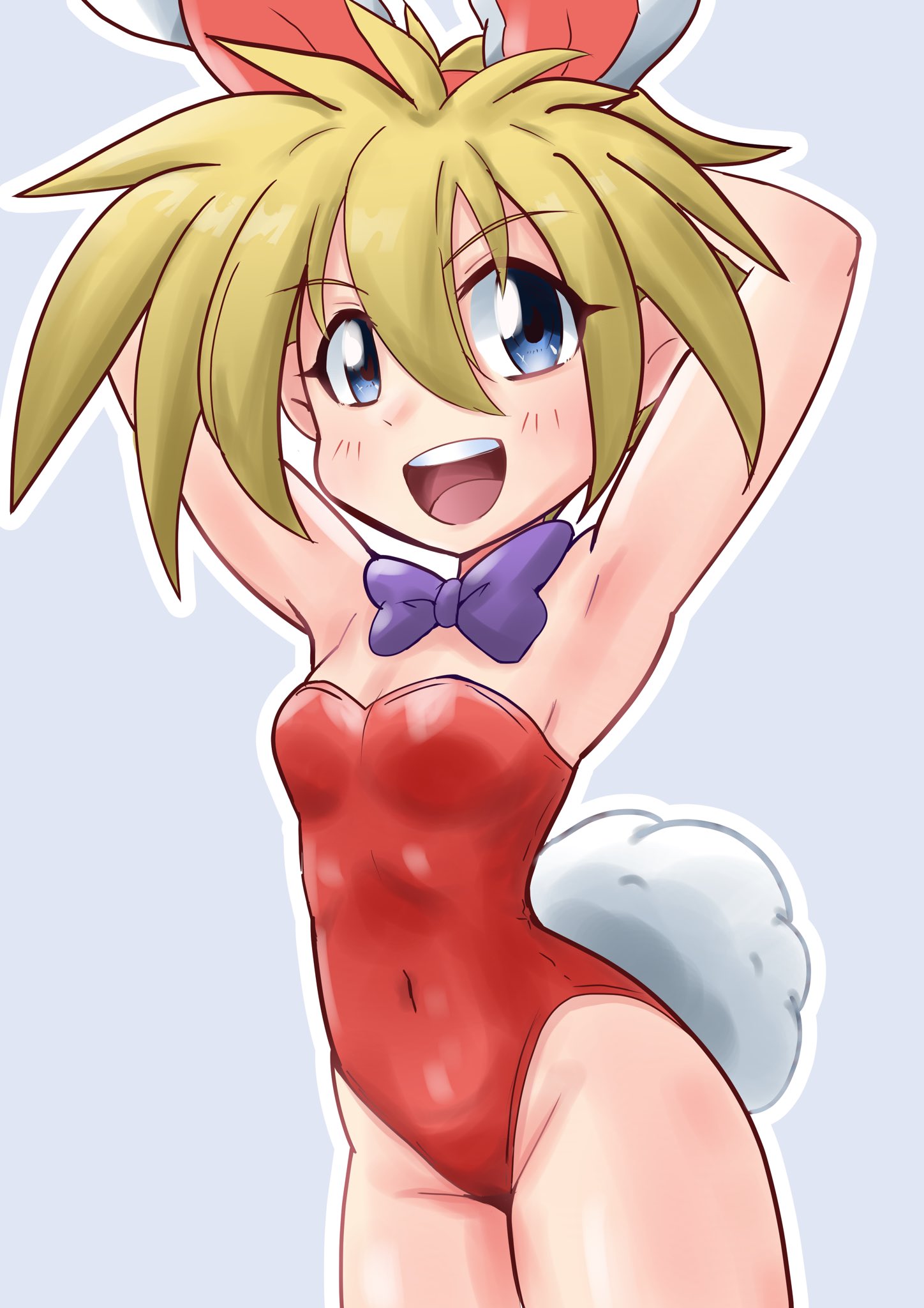 mayashi205, nanahikari rami, keiou yuugekitai, commentary request, highres, 1990s (style), 1girl, :d, animal ears, armpits, arms up, bare legs, blonde hair, blue eyes, bow, covered navel, fake animal ears, flat chest, grey background, hair between eyes, leotard, open mouth, outline, playboy bunny, presenting armpit, rabbit ears, rabbit tail, red leotard, retro artstyle, short hair, smile, solo, strapless, tail, teeth, thighs, upper teeth only, white outline