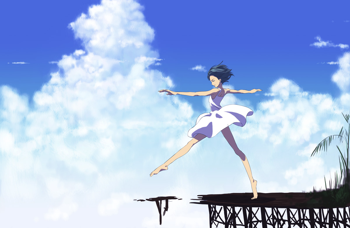 kawamura rukanan, bad id, bad pixiv id, 1girl, barefoot, black hair, cloud, day, female focus, outstretched arms, sky, solo, spread arms, walking