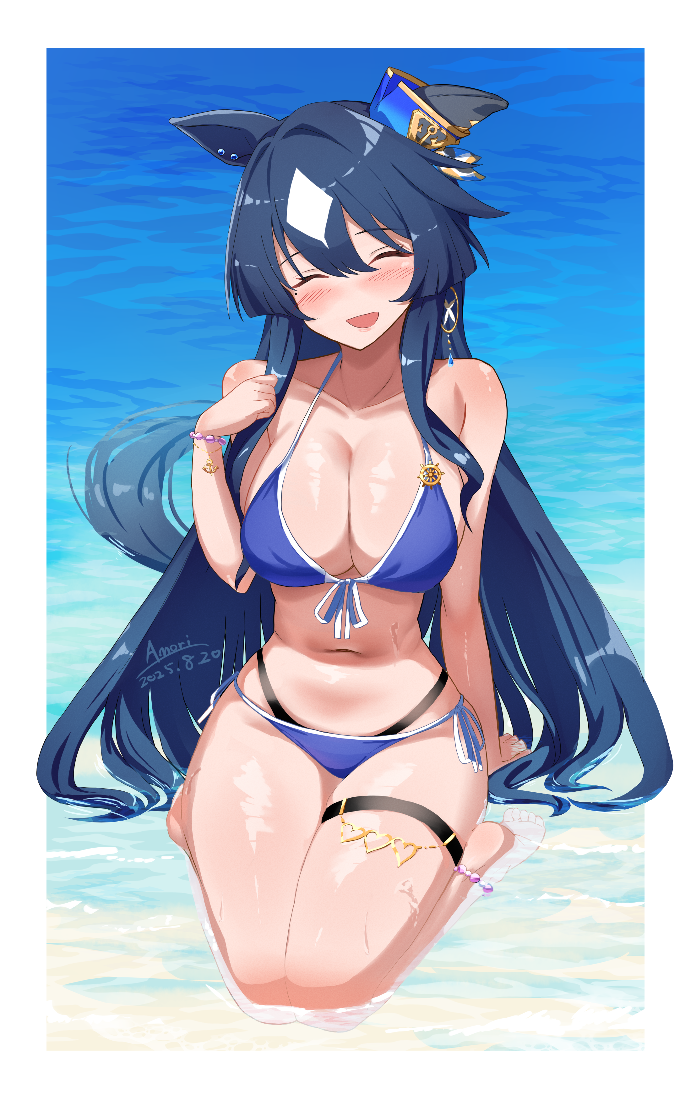a.nori, verxina (umamusume), umamusume, absurdres, commentary request, highres, 1girl, alternate costume, animal ears, barefoot, beach, bikini, blue hair, border, bracelet, breasts, cleavage, closed eyes, day, ear covers, ears through headwear, facing viewer, front-tie bikini top, front-tie top, halterneck, holding, holding own hair, horse ears, horse girl, horse tail, jewelry, large breasts, layered bikini, long hair, multi-strapped bikini bottom, multi-strapped bikini top, navel, ocean, on ground, open mouth, outside border, side-tie bikini bottom, sidelocks, single ear cover, smile, solo, string bikini, swimsuit, tail, thigh strap, very long hair, water, white border