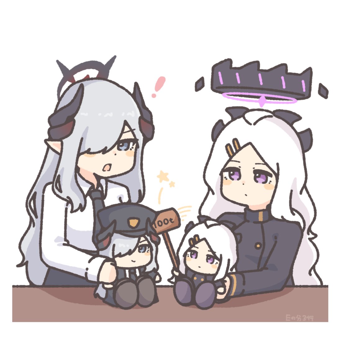 enobun3gyo, hina (blue archive), makoto (blue archive), blue archive, fluffy hair, !, 2girls, ahoge, blush stickers, bonk, border, buttons, character doll, demon wings, doll, double-breasted, expressionless, grey eyes, grey hair, hair ornament, hairclip, halo, hammer, hat, hitting, horns, long hair, long sleeves, military hat, multiple girls, necktie, purple eyes, shirt, signature, simple background, skirt, star (symbol), surprised, table, white background, white border, white hair, white shirt, wings