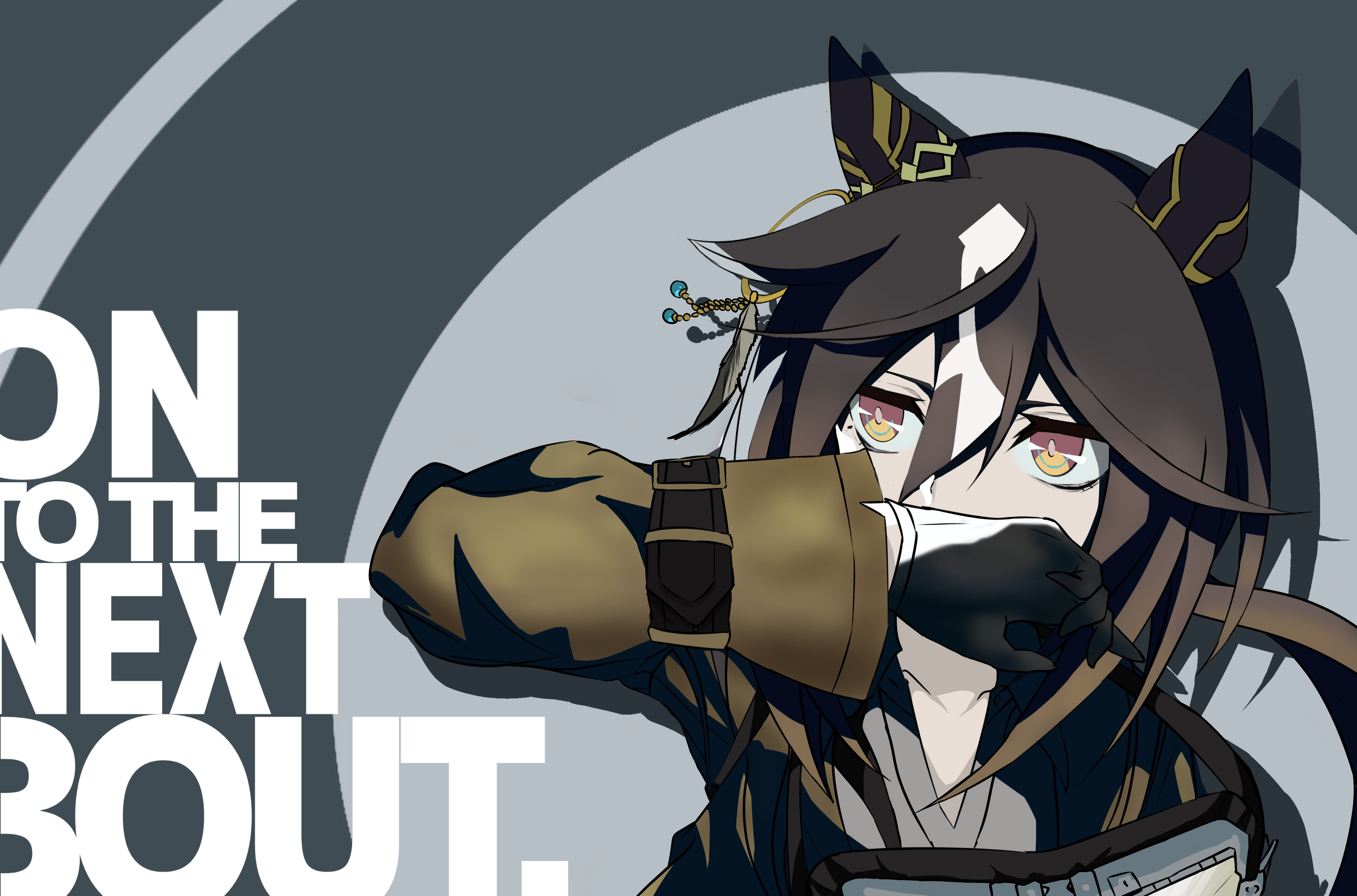 132109chisato, sanada akihiko, stay gold (umamusume), persona, persona 3, persona 3 reload, umamusume, absurdres, commentary request, highres, 1girl, black gloves, brown coat, brown hair, clenched hand, coat, ear ornament, english text, gloves, grey shirt, hair between eyes, hair ornament, long hair, multicolored hair, shirt, solo, streaked hair, upper body, very long hair, white hair, yellow eyes