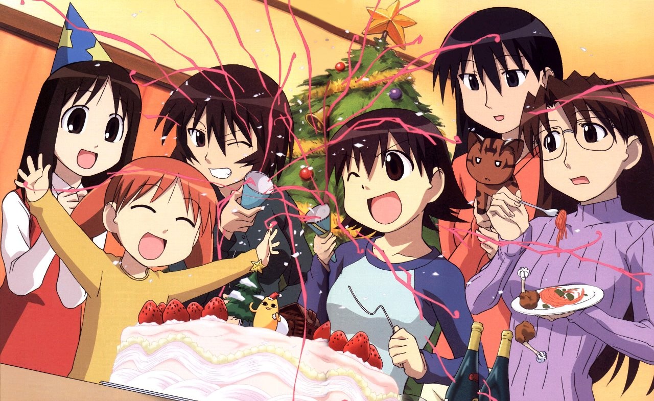 kagura, kagura (azumanga daioh), kaori (azumanga daioh), kasuga ayumu, maya (azumanga), mayaa (azumanga daioh), mihama chiyo, mihama chiyo's father, mizuhara koyomi, sakaki (azumanga daioh), takino tomo, azumanga daiou, 6+girls, brown eyes, brown hair, cake, cat, child, christmas, everyone, food, glasses, hat, long hair, multiple girls, orange hair, pastry, raglan sleeves, short twintails, twintails