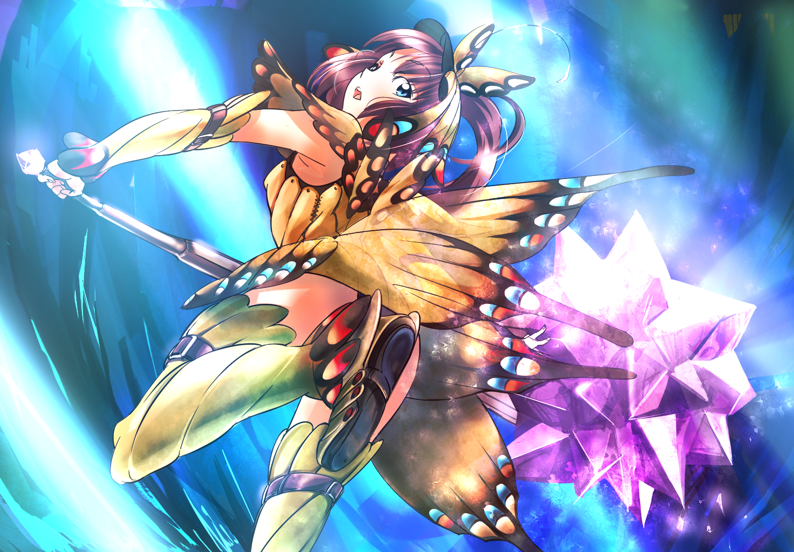 p.k., capcom, monster hunter (series), bad id, bad pixiv id, 1girl, :o, armband, armor, armpits, ass, blue eyes, blush, boots, breasts, bug, butterfly, butterfly wings, censored, convenient censoring, convenient leg, covered erect nipples, detached sleeves, dutch angle, embarrassed, female focus, fighting stance, from behind, from below, gloves, glowing, hammer, hat, huge weapon, insect, insect wings, leg lift, long hair, looking at viewer, looking back, medium breasts, open mouth, ponytail, purple hair, red hair, rhopessa (armor), solo, standing, standing on one leg, strap, surprised, thigh boots, thigh strap, thighhighs, upskirt, weapon, wings, yellow thighhighs