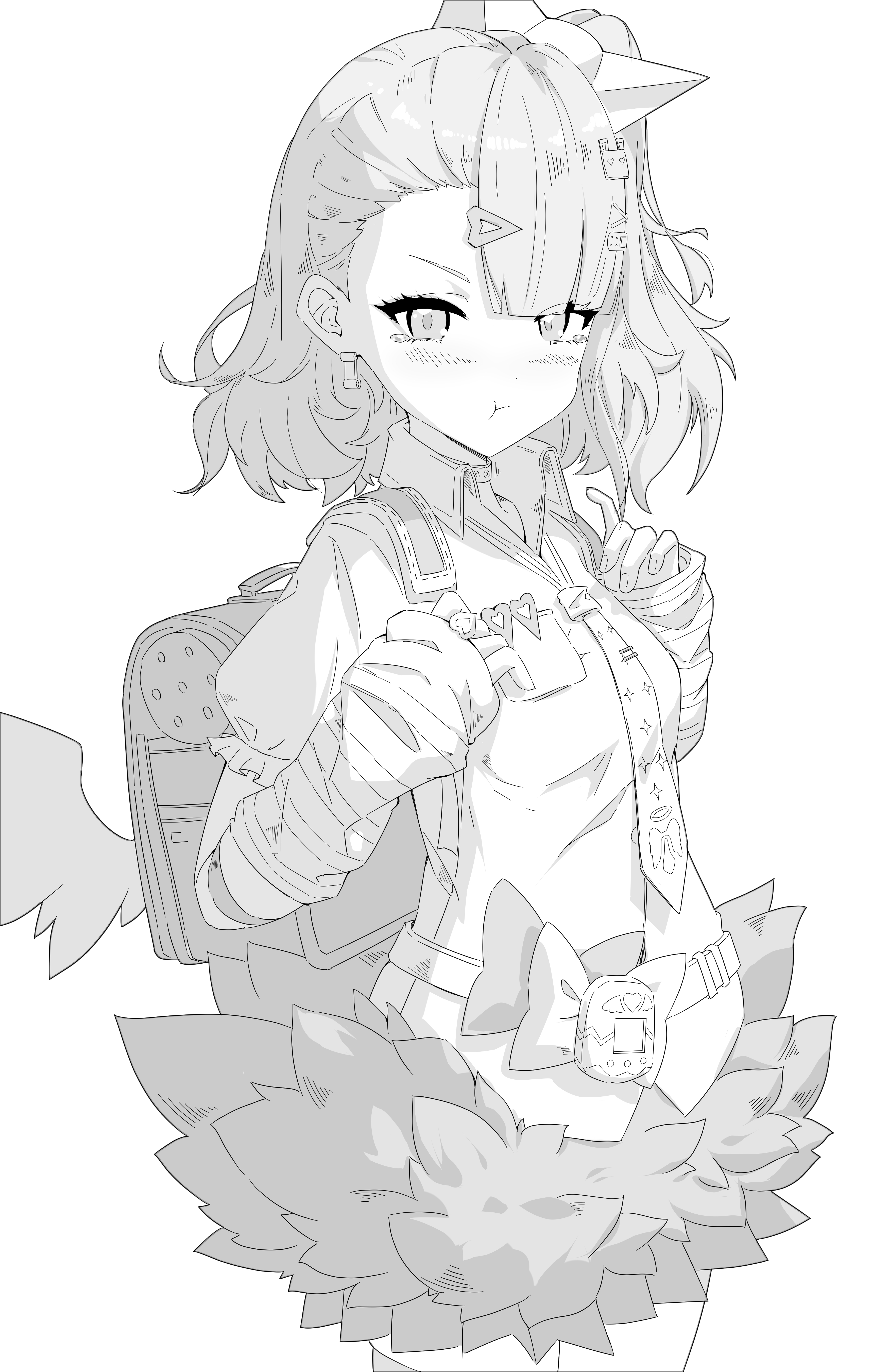 kumo33, chinatsu remiel, zenless zone zero, absurdres, highres, 1girl, :t, arm warmers, backpack, bag, blush, breasts, choker, cowboy shot, earrings, greyscale, jewelry, looking at viewer, medium hair, monochrome, randoseru, side ponytail, small breasts, solo, tearing up