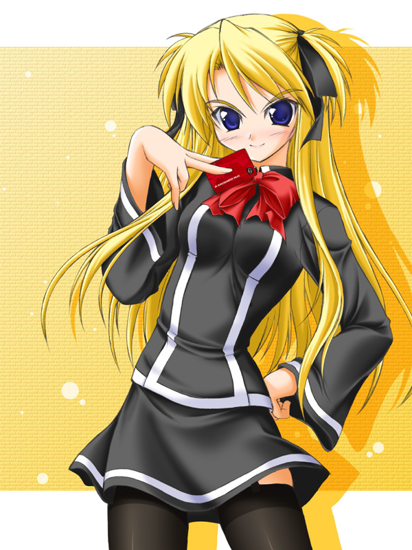 akimoto dai, hayakawa ion, shalon, quiz magic academy, blonde hair, blue eyes, long hair, ribbon, solo, thighhighs