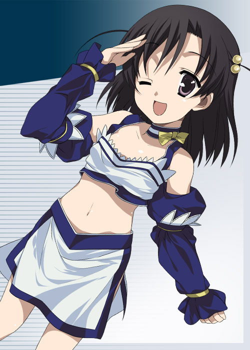 mizuki makoto, katsura kokoro, school days, 00s, 1girl, black hair, blue background, bow, female focus, hair ornament, jewelry, looking at viewer, navel, necklace, one eye closed, smile, solo, white background