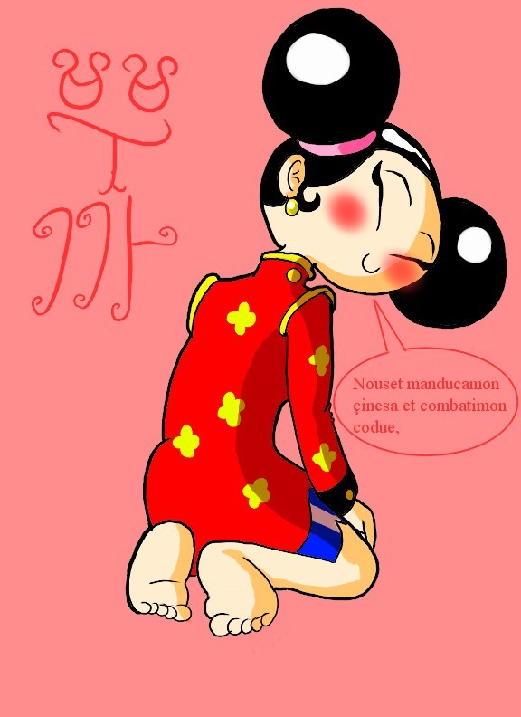 boshibaro, pucca, pucca (cartoon), 1girl, barefoot, black hair, blush, china dress, chinese clothes, closed eyes, double bun, dress, earrings, feet, floral print, hair bun, hands on own knees, jewelry, kneeling, long sleeves, looking at viewer, looking back, pink background, print dress, red dress, smile