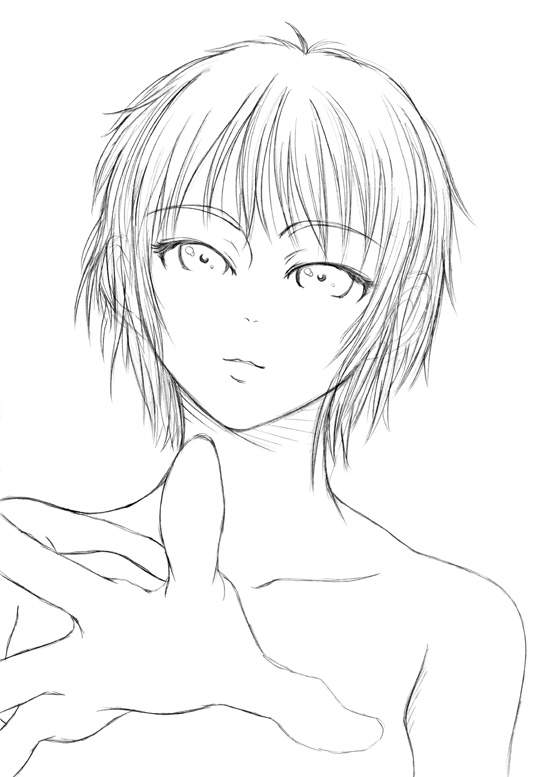 osuzu akiomi, nagato yuki, suzumiya haruhi no yuuutsu, eyebrows, 00s, 1girl, collarbone, completely nude, female focus, greyscale, looking at viewer, monochrome, nude, outstretched arm, palms, reaching, short hair, simple background, sketch, solo, spread fingers, upper body, white background