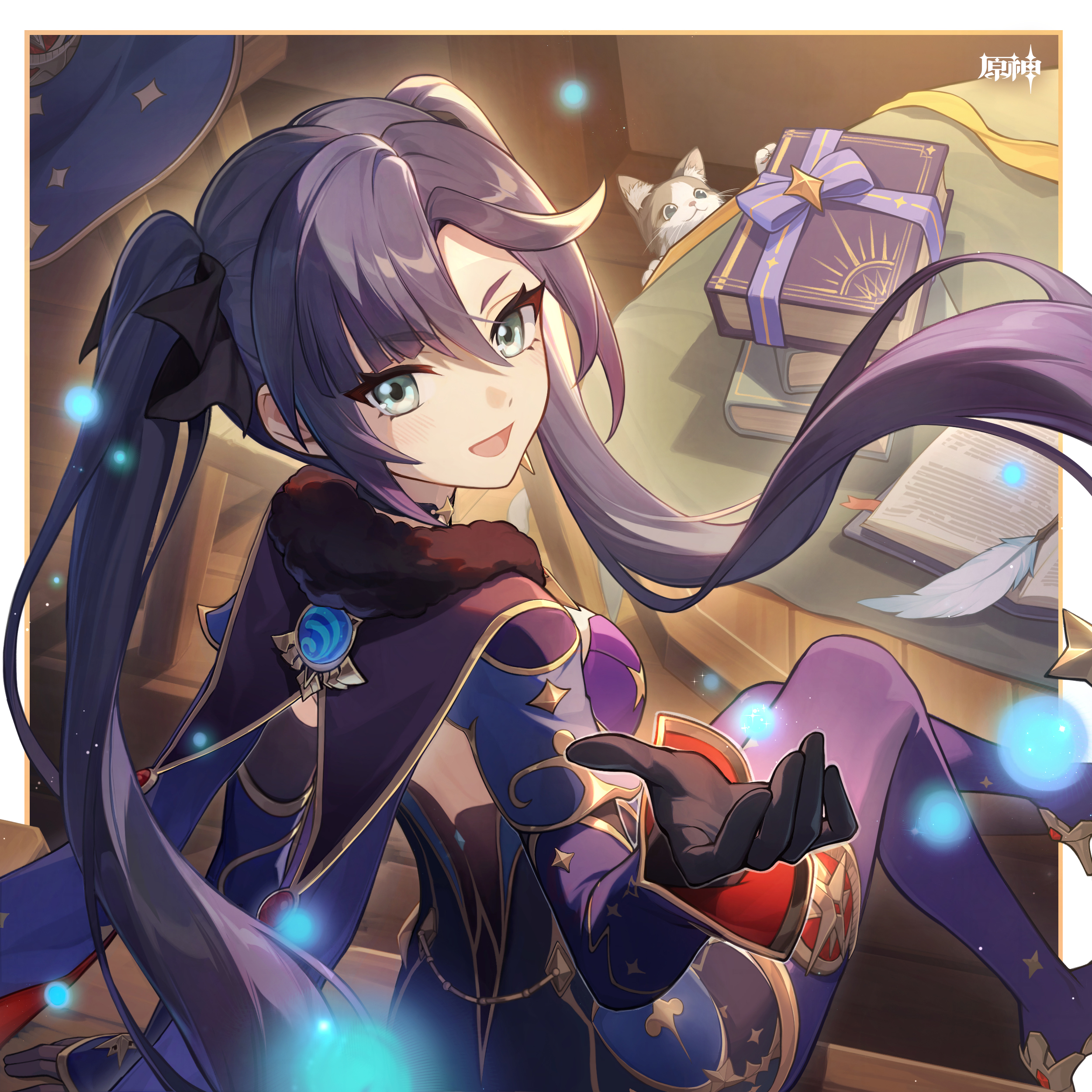 mona (genshin impact), mona (pact of stars and moon) (genshin impact), genshin impact, absurdres, chinese commentary, highres, official art, 1girl, black gloves, book, capelet, cat, floating hair, from behind, gloves, hair between eyes, indoors, long hair, long sleeves, looking at viewer, looking back, official alternate costume, open mouth, smile, solo, twintails, very long hair, vision (genshin impact)