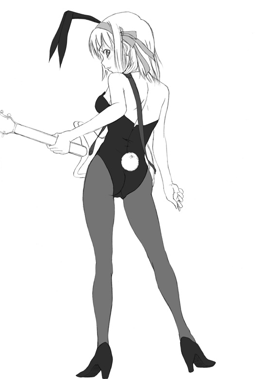 osuzu akiomi, suzumiya haruhi, suzumiya haruhi no yuuutsu, 00s, animal ears, fake animal ears, greyscale, guitar, instrument, legs, leotard, monochrome, pantyhose, playboy bunny, rabbit ears, solo