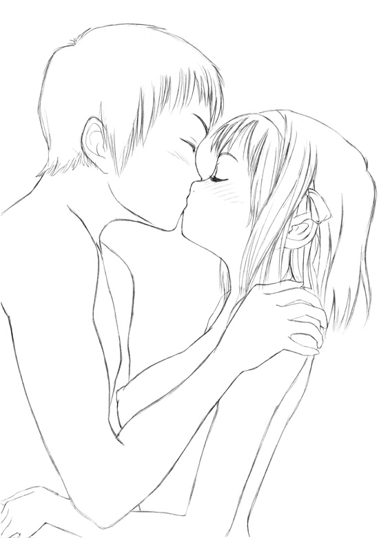osuzu akiomi, kyon, suzumiya haruhi, suzumiya haruhi no yuuutsu, 00s, completely nude, greyscale, kiss, monochrome, nipples, nude, sketch