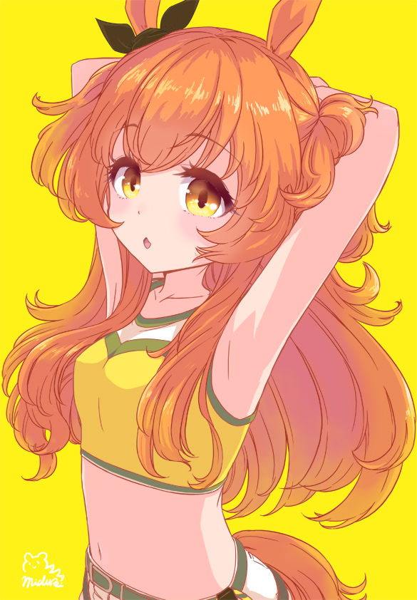 mizuki maya, mayano top gun (umamusume), umamusume, commentary, 1girl, animal ears, armpits, arms up, breasts, collarbone, diamond mouth, horse ears, horse girl, horse tail, long hair, mayano top gun (scramble zone) (umamusume), navel, orange hair, parted lips, signature, simple background, small breasts, solo, sports bra, stomach, tail, two side up, upper body, yellow background, yellow sports bra