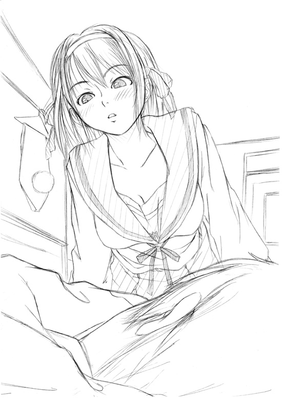 osuzu akiomi, kyon, suzumiya haruhi, suzumiya haruhi no yuuutsu, 00s, greyscale, monochrome, school uniform, serafuku, sketch