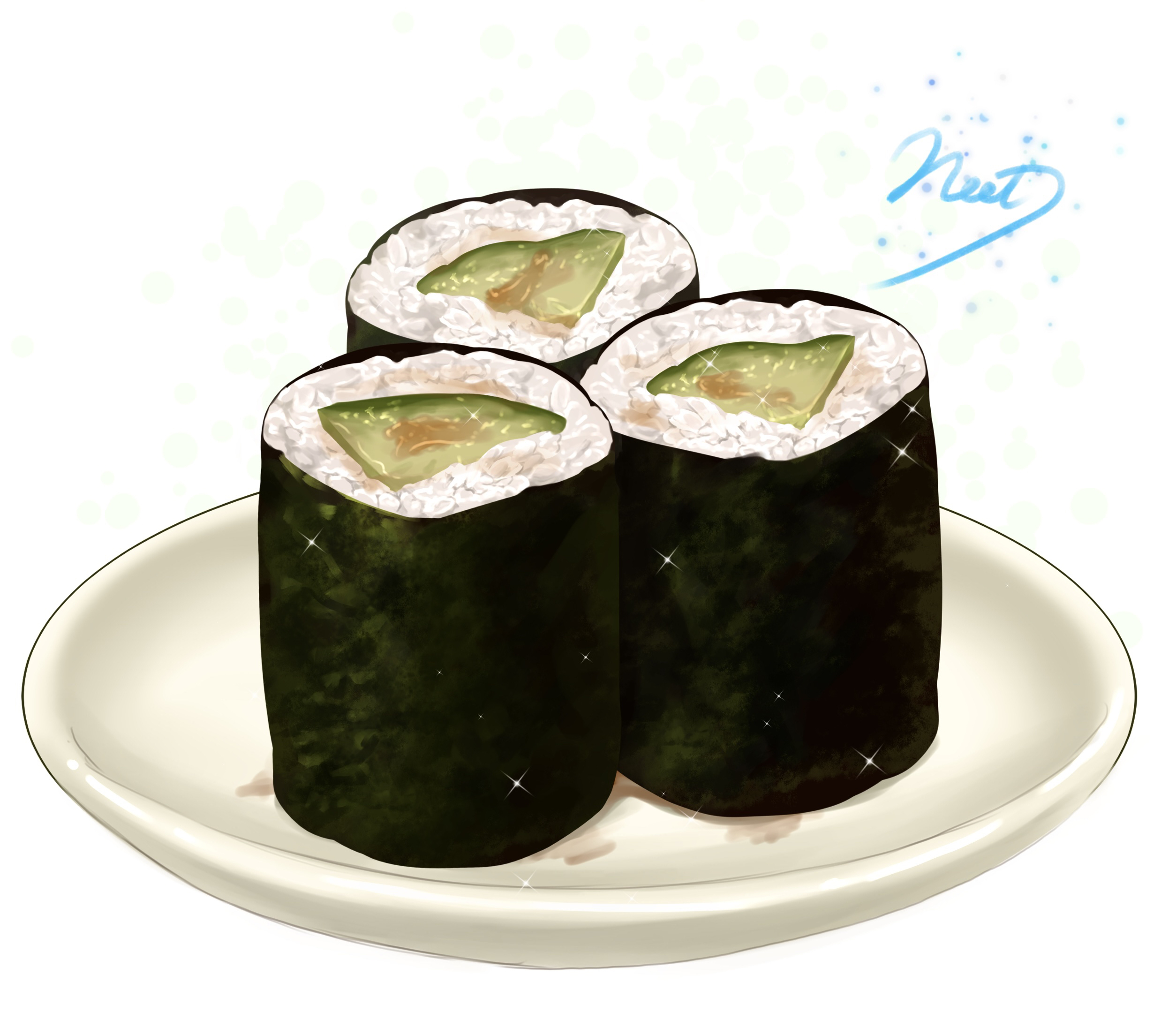 original, commentary request, highres, artist name, cucumber, cucumber slice, food, food focus, makizushi, neet job, no humans, plate, rice, sushi, white background