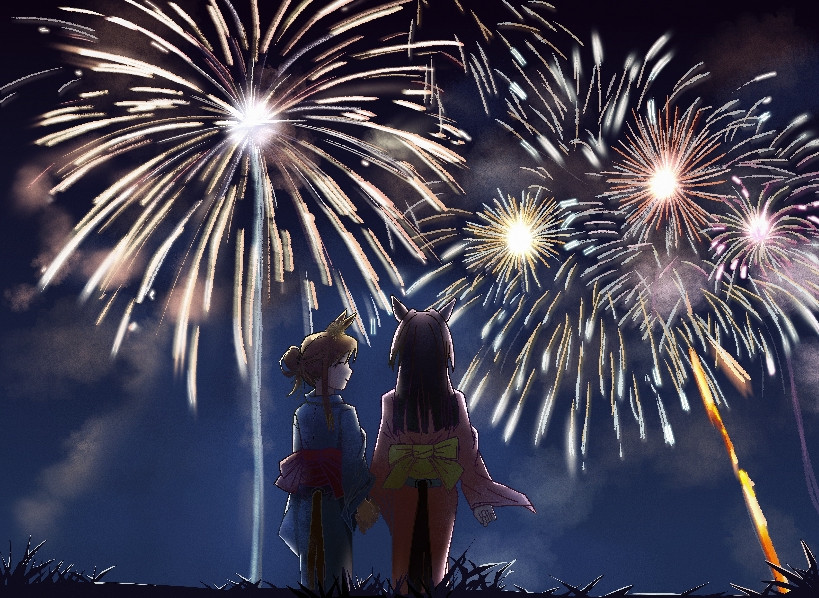 el condor pasa (umamusume), grass wonder (umamusume), umamusume, 2girls, aerial fireworks, animal ears, blue kimono, bow, brown hair, closed eyes, closed mouth, fireworks, hair bun, horse ears, horse girl, horse tail, japanese clothes, kimono, long hair, long sleeves, multiple girls, night, night sky, obi, outdoors, pink kimono, red bow, sash, sky, smile, tail, user mdfw2483, yellow bow, yukata