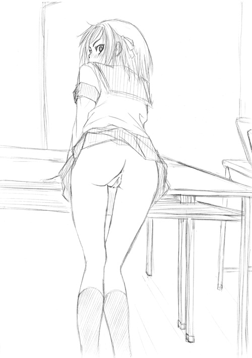 osuzu akiomi, suzumiya haruhi, suzumiya haruhi no yuuutsu, 00s, 1girl, anus, ass, bent over, female focus, greyscale, legs, monochrome, no panties, school uniform, serafuku, sketch, socks, solo, standing, uncensored