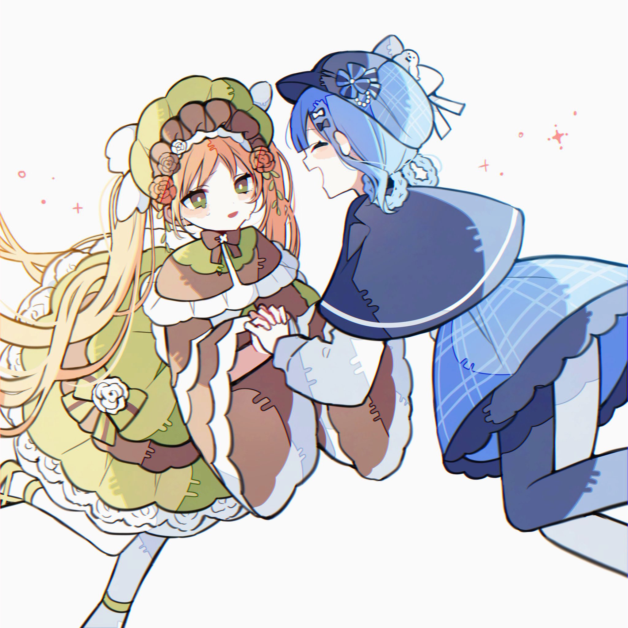 tachibana sherry, toono hanna, mahou shoujo no majo saiban, commentary request, highres, 2girls, black capelet, black flower, black hat, black rose, blonde hair, blue hair, blue skirt, bonnet, braid, braided hair rings, capelet, closed eyes, dress, facing another, feet out of frame, flower, frilled dress, frills, green dress, green eyes, hair rings, hat, holding hands, interlocked fingers, lolita fashion, long hair, long sleeves, looking at another, magical girl, multiple girls, open mouth, rose, short hair, simple background, skirt, smile, su (su rkgk), twintails, white background, wide sleeves