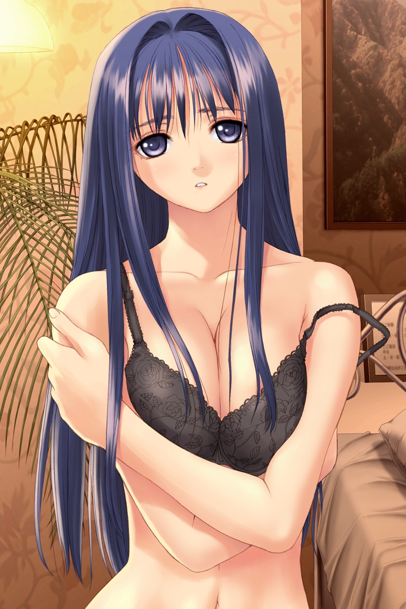 tony taka, chihaya miyuki, after (game), lights, game cg, highres, 00s, 1girl, bare shoulders, bed, black bra, blue eyes, blue hair, bra, breasts, breasts squeezed together, cleavage, crossed arms, female focus, floral print, hair intakes, hair over breasts, holding own arm, lace, lace-trimmed bra, lace trim, large breasts, lingerie, long hair, looking at viewer, matching hair/eyes, navel, painting (object), parted lips, pillow, self hug, sidelocks, solo, strap slip, underwear, underwear only, upper body, very long hair, wide hips