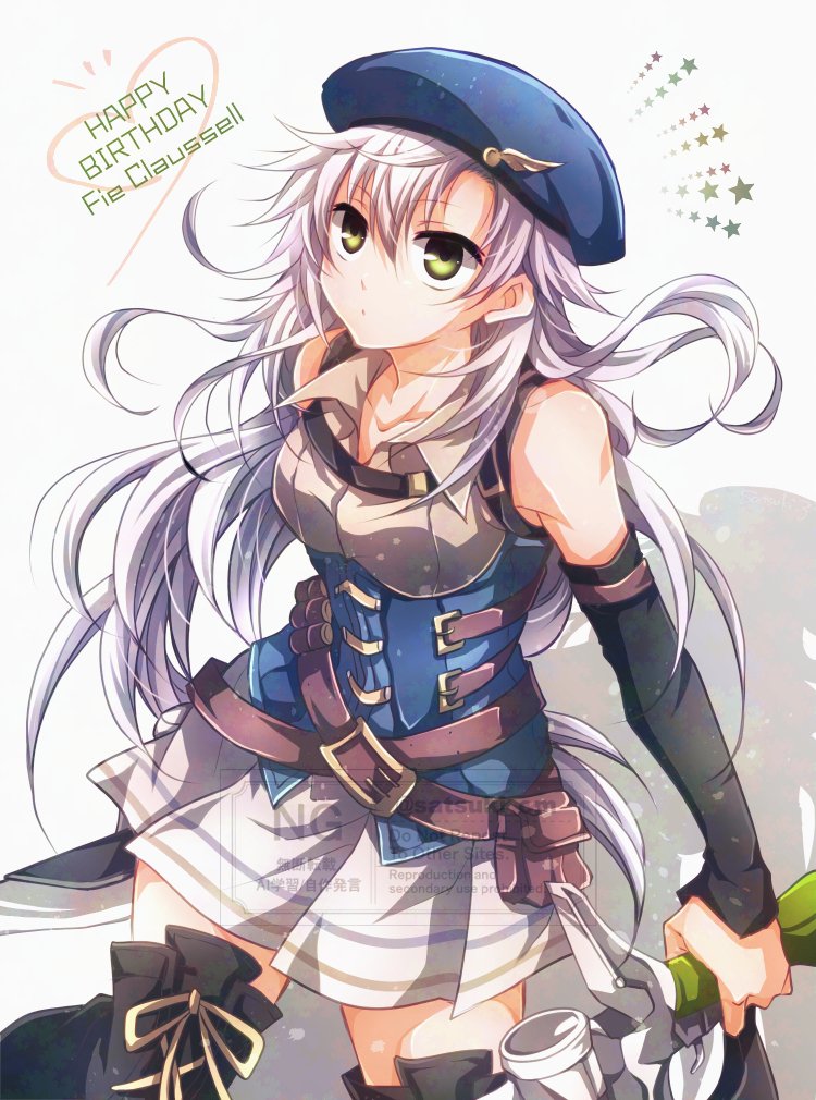 satsuki (chaosmode), fie claussell, eiyuu densetsu, kuro no kiseki (series), kuro no kiseki i, 1girl, bare shoulders, beret, blue hat, boots, breasts, collarbone, detached sleeves, dual wielding, english text, green eyes, gunblade, hair between eyes, happy birthday, hat, holding, holding weapon, long hair, medium breasts, parted bangs, shadow, simple background, skirt, solo, thigh boots, watermark, weapon, white background, white hair