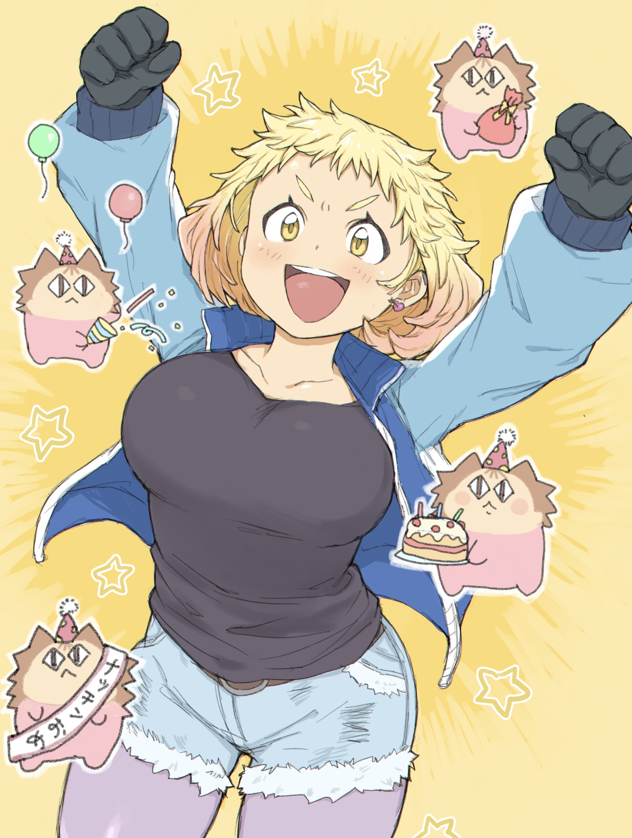 medalist (manga), absurdres, character request, commentary request, highres, translation request, 1girl, :d, arms up, balloon, birthday cake, black gloves, black shirt, blonde hair, blue jacket, blue shorts, blush, breasts, cake, clenched hands, collarbone, confetti, denim, denim shorts, earrings, eyelashes, food, gloves, gradient hair, hat, holding, holding cake, holding food, holding party popper, holding sack, jacket, jewelry, large breasts, long sleeves, multicolored hair, open clothes, open jacket, open mouth, orange hair, outline, pantyhose, party hat, party popper, pink hat, polka dot hat, purple pantyhose, red bag, sack, sash, shirt, short hair, shorts, slit pupils, smile, solo focus, star (symbol), teeth, upper teeth only, v-shaped eyebrows, white outline, yellow eyes