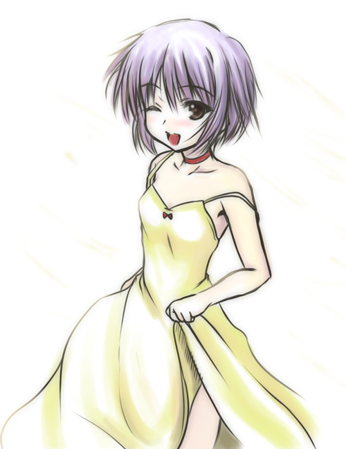 johnny (from scratch), nagato yuki, souryuu asuka langley, neon genesis evangelion, suzumiya haruhi no yuuutsu, 1girl, choker, cosplay, dress, female focus, one eye closed, open mouth, purple hair, smile, solo, souryuu asuka langley (cosplay), strap slip, wink, yellow dress