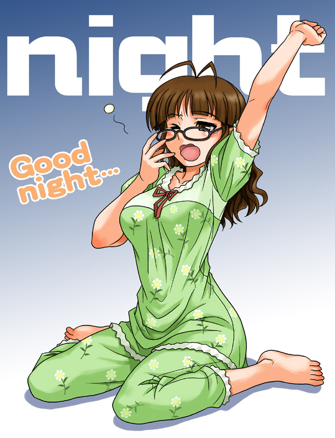 hida tatsuo, akizuki ritsuko, idolmaster, idolmaster (classic), 00s, barefoot, feet, pajamas, solo, yawning