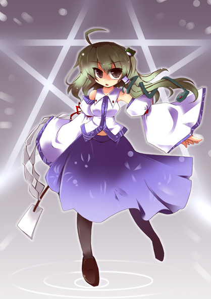 shirogane (platinum), kochiya sanae, touhou, 1girl, breasts, female focus, full body, gradient background, pantyhose, pentagram, solo, standing