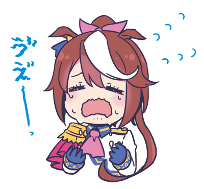 mizuki maya, tokai teio (umamusume), umamusume, commentary, lowres, 1girl, = =, animal ears, blue gloves, capelet, closed eyes, crying, epaulettes, facing viewer, flying sweatdrops, gloves, horse ears, horse girl, jacket, long hair, long sleeves, multicolored hair, ponytail, red capelet, side cape, single epaulette, solo, streaked hair, wavy mouth, white jacket, white streaks