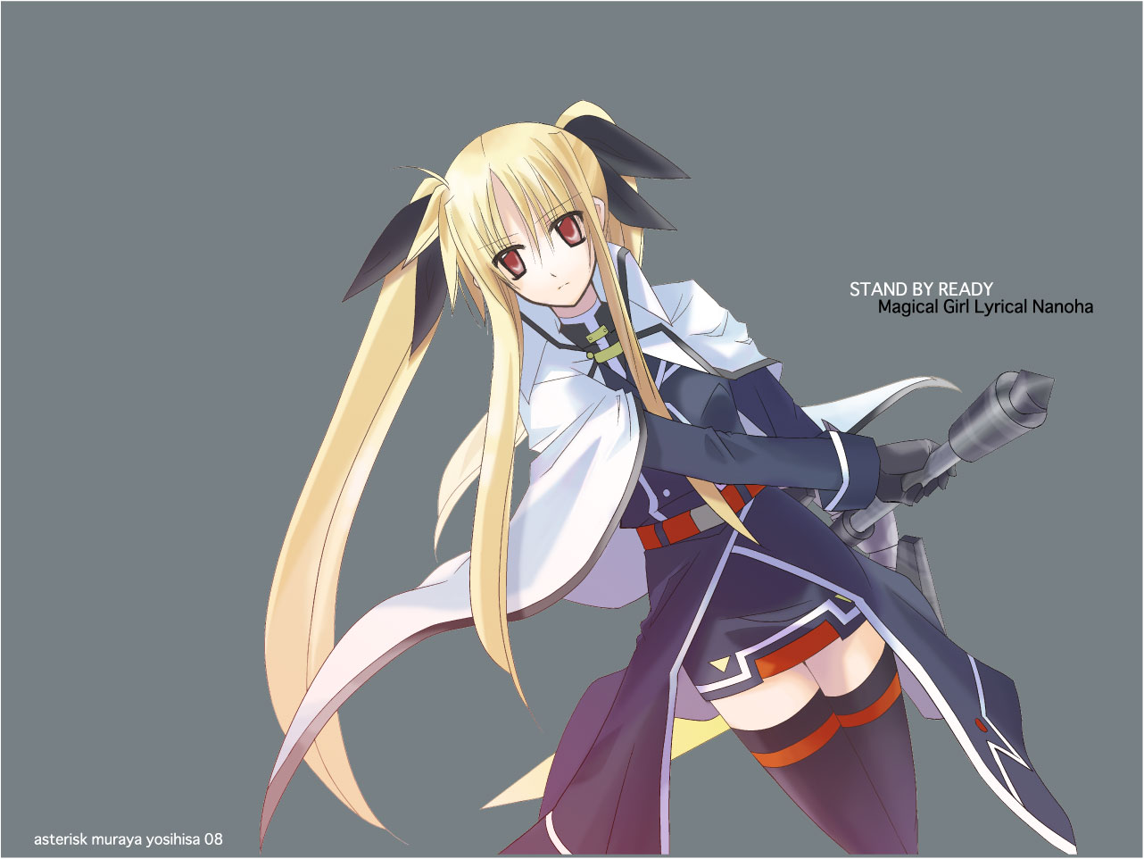 muraya yoshihisa, bardiche (nanoha), bardiche (riot blade) (nanoha), fate testarossa, fate testarossa (impulse form), lyrical nanoha, mahou shoujo lyrical nanoha, mahou shoujo lyrical nanoha strikers, 00s, 1girl, blonde hair, female focus, solo, thighhighs, zettai ryouiki