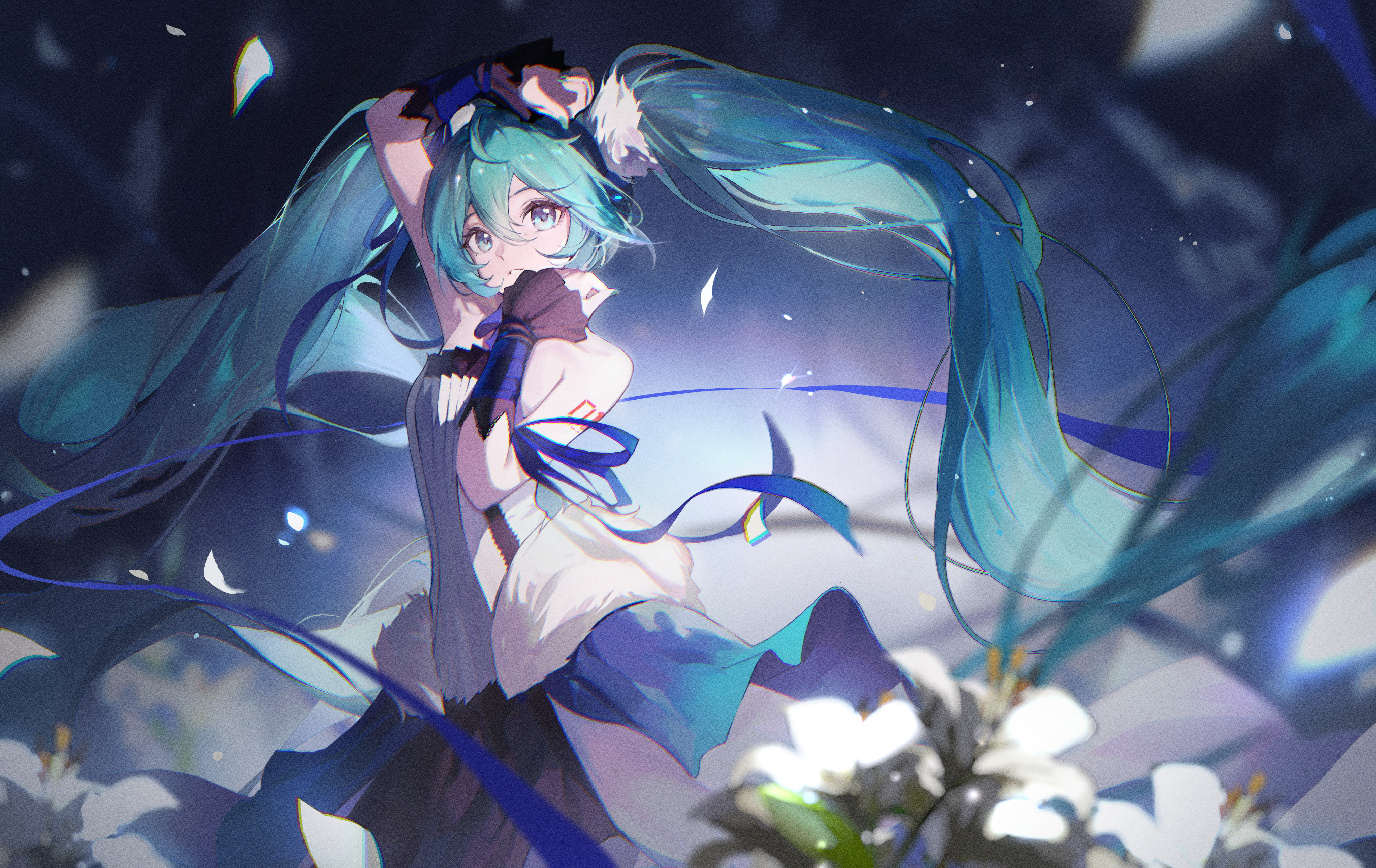 jiang zhuti jiojio, hatsune miku, vocaloid, absurdres, highres, 1girl, aqua eyes, aqua hair, bare shoulders, black skirt, black wrist cuffs, hair between eyes, long hair, looking at viewer, number tattoo, parted lips, shirt, shoulder tattoo, sidelocks, skirt, sleeveless, sleeveless shirt, smile, solo, strapless, strapless shirt, tattoo, twintails, very long hair, white shirt, wrist cuffs