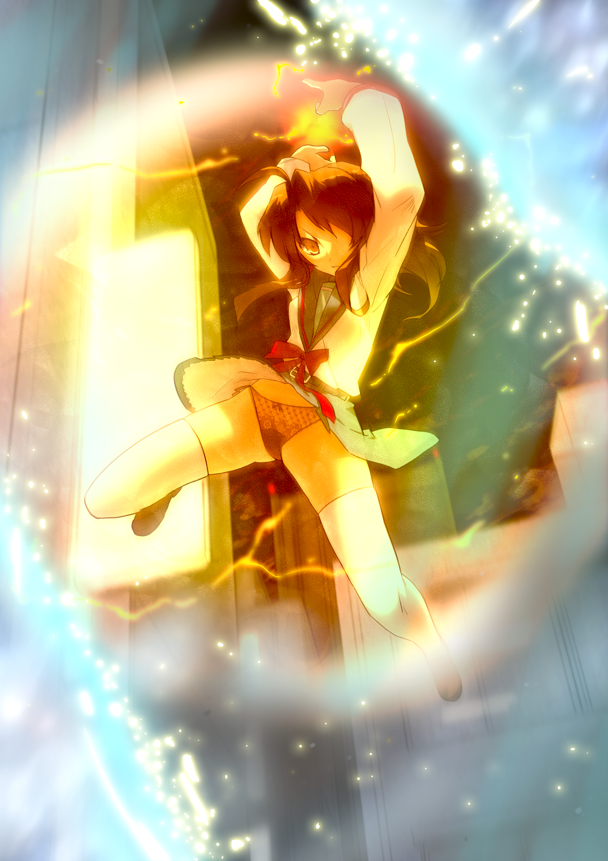miharu (cgsky), koizumi itsuki, koizumi itsuki (female), suzumiya haruhi no yuuutsu, highres, 00s, 1girl, female focus, fire, genderswap, genderswap (mtf), glowing, ice, panties, school uniform, serafuku, solo, thighhighs, underwear, white thighhighs