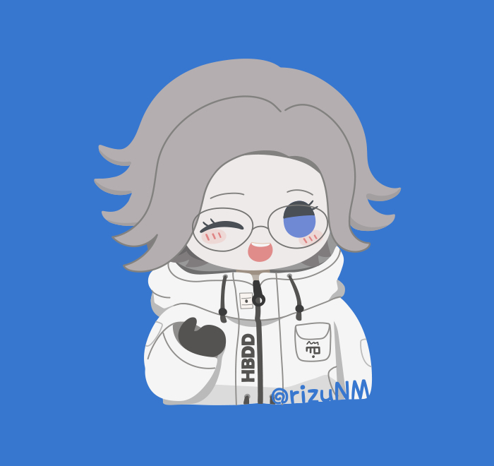 rizu (rizunm), aotsuki eito, the hundred line -last defense academy-, 1boy, blue background, blue eyes, blush, breast pocket, chibi, chibi only, cropped torso, drawstring, glasses, gloves, grey hair, hand up, jacket, looking at viewer, male focus, one eye closed, open mouth, pocket, short hair, smile, solo, teeth, twitter username, upper teeth only, zipper pull tab