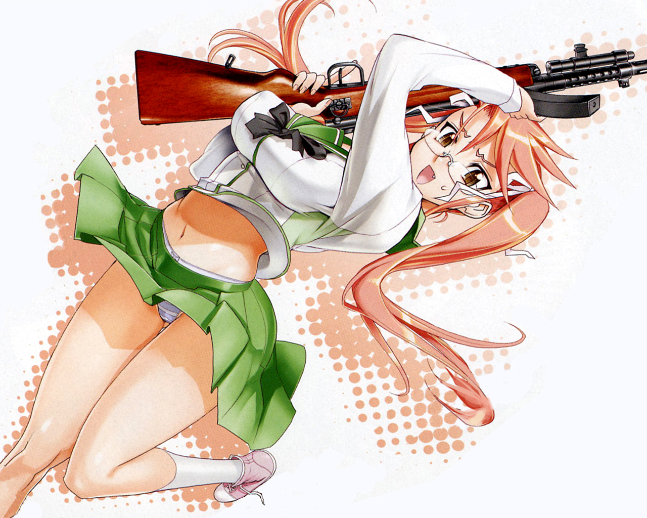satou shouji, takagi saya, highschool of the dead, 1girl, breasts, brown eyes, fang, female focus, glasses, gun, large breasts, miniskirt, panties, pantyshot, rifle, round eyewear, school uniform, serafuku, skirt, solo, striped clothes, striped panties, twintails, underwear, upskirt, weapon