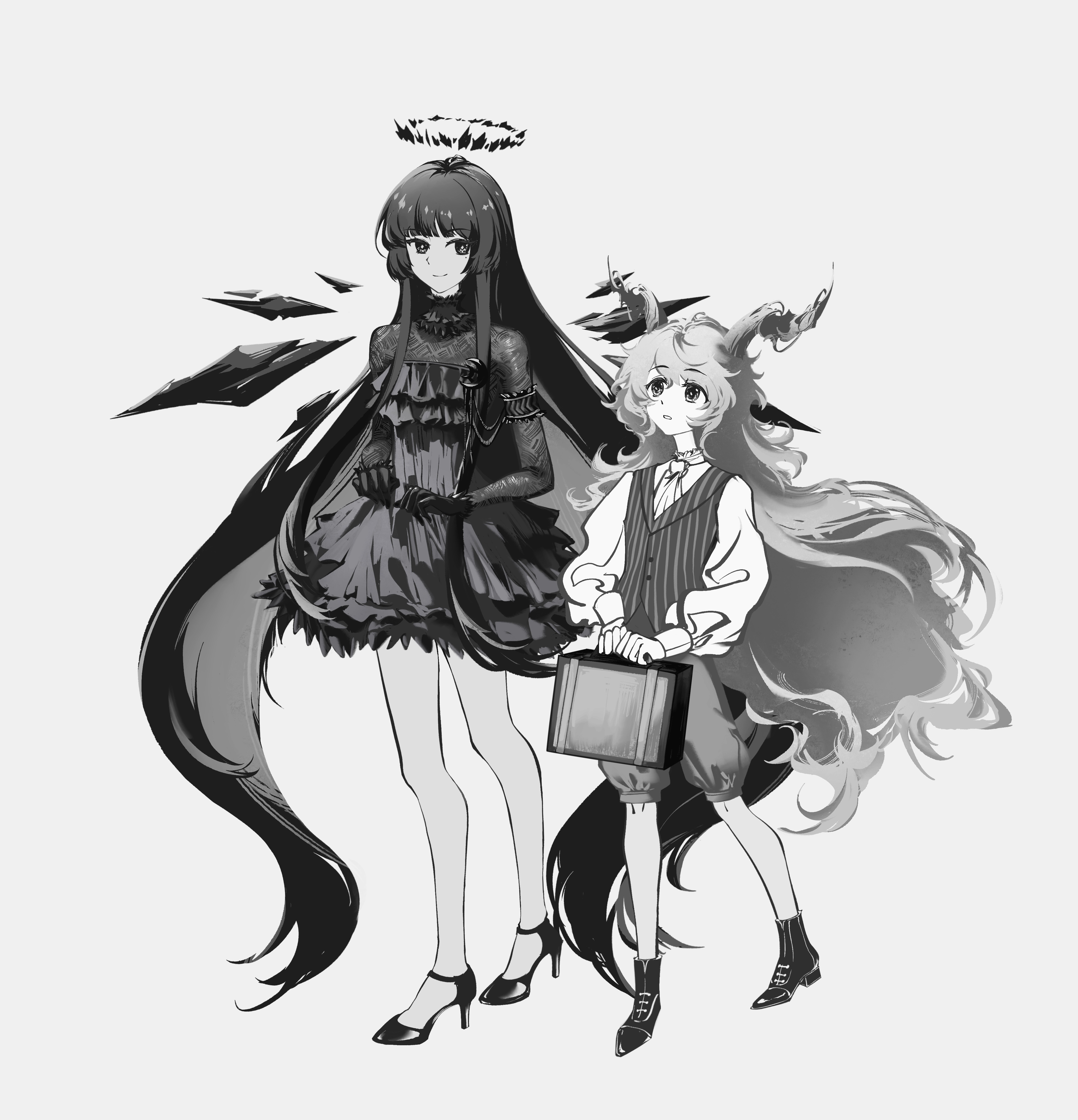 kreide (arknights), virtuosa (arknights), ambience synesthesia, arknights, absurdres, chinese commentary, commentary request, highres, 1boy, 1girl, ankle boots, ascot, boots, closed mouth, curled horns, detached wings, diamond-shaped pupils, diamond (shape), dress, full body, greyscale, halo, high heels, holding, holding suitcase, horns, long hair, long sleeves, mole, mole under eye, monochrome, official alternate costume, parted lips, shirt, shoes, simple background, smile, standing, striped clothes, striped vest, suitcase, symbol-shaped pupils, vertical-striped clothes, vertical-striped vest, very long hair, vest, virtuosa (ambience synesthesia) (arknights), white background, wings, xianyao068