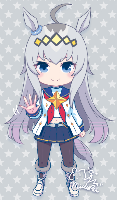 mizuki maya, oguri cap (umamusume), umamusume, commentary request, 1girl, animal ears, black pantyhose, blue eyes, blue sailor collar, blue skirt, boots, chibi, chibi only, clenched hand, closed mouth, full body, fur-trimmed boots, fur trim, grey background, grey hair, horse ears, horse girl, horse tail, long hair, long sidelocks, long sleeves, looking at viewer, miniskirt, navel, open hand, pantyhose, pleated skirt, sailor collar, shirt, sidelocks, signature, skirt, smile, solo, standing, star (symbol), star symbol background, straight-on, tail, waving, white boots, white shirt