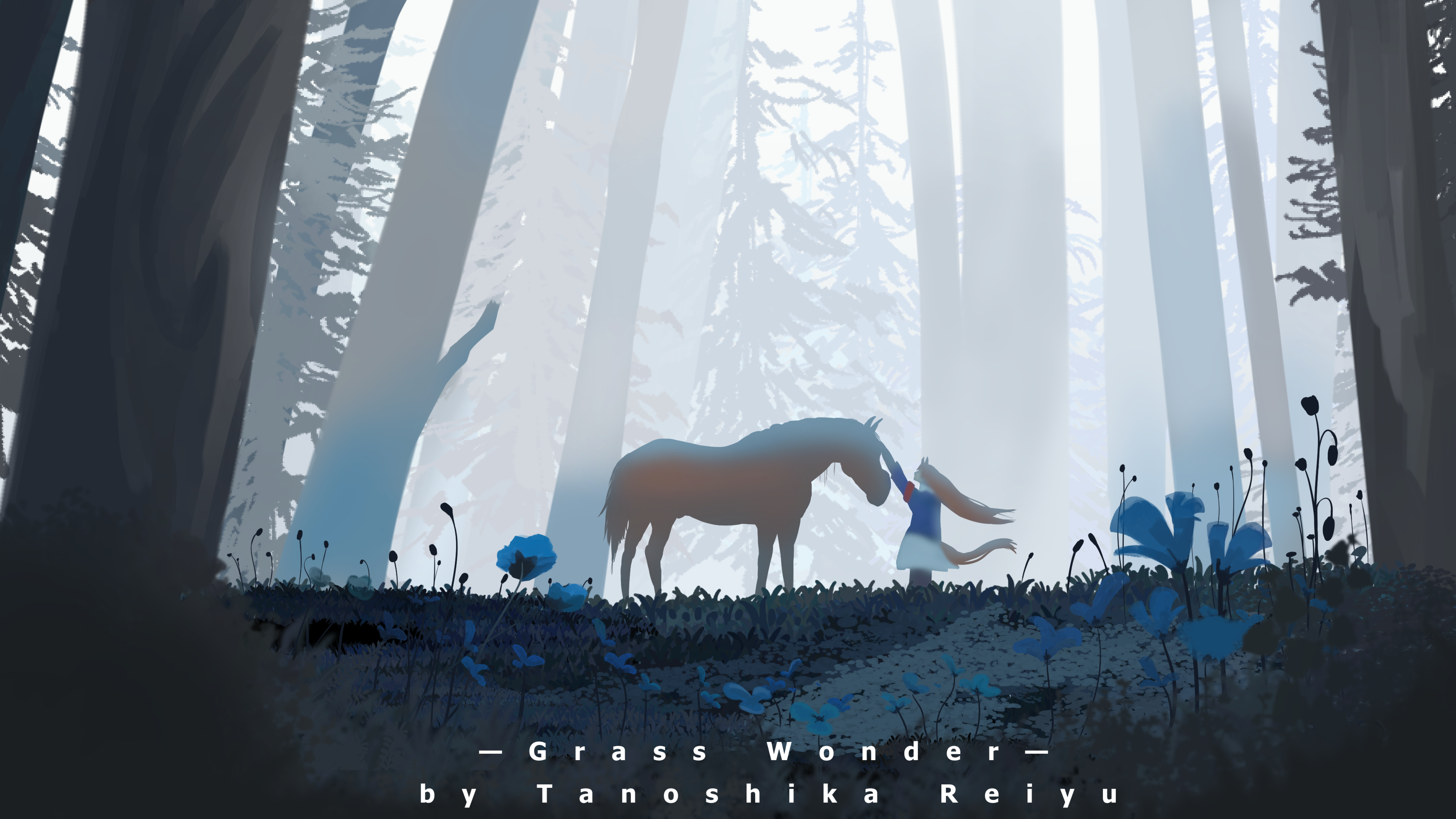 grass wonder (racehorse), grass wonder (umamusume), real life, umamusume, absurdres, highres, 1girl, animal ears, armband, black pantyhose, blue jacket, brown hair, creature and personification, dress, flower, forest, horse, horse ears, horse girl, horse tail, jacket, long hair, long sleeves, nature, outdoors, pantyhose, personification, red armband, tail, tanoshika reiyu, tree, white dress