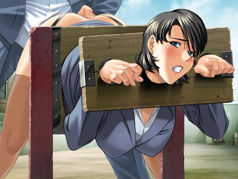 kaneta jun'ya, black package, internment camp, ass grab, game cg, 1990s (style), 1girl, ass, bdsm, bent over, black hair, blue eyes, blush, bondage, bound, breasts, business suit, clothed sex, doggystyle, formal clothes, hanging breasts, humiliation, jacket, large breasts, office lady, pencil skirt, pillory, public indecency, public use, rape, restrained, sex, sex from behind, short hair, skirt, skirt suit, slave, solo focus, stationary restraints, stocks, suit, thighhighs, vaginal
