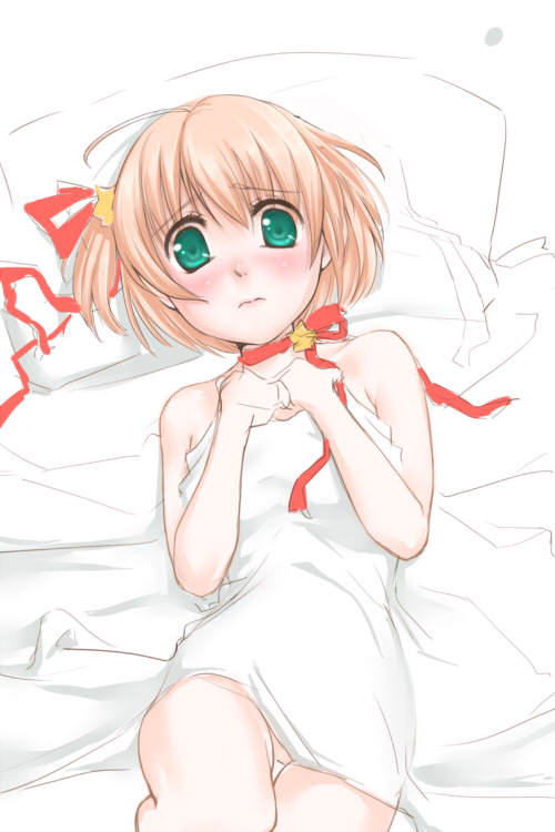 kamikita komari, little busters!, 1girl, 3:, ahoge, bed, bed sheet, blonde hair, blush, choker, female focus, green eyes, hair ribbon, looking at viewer, lying, naked sheet, no panties, on back, pillow, pink hair, ribbon, ribbon choker, short hair, solo, star (symbol)