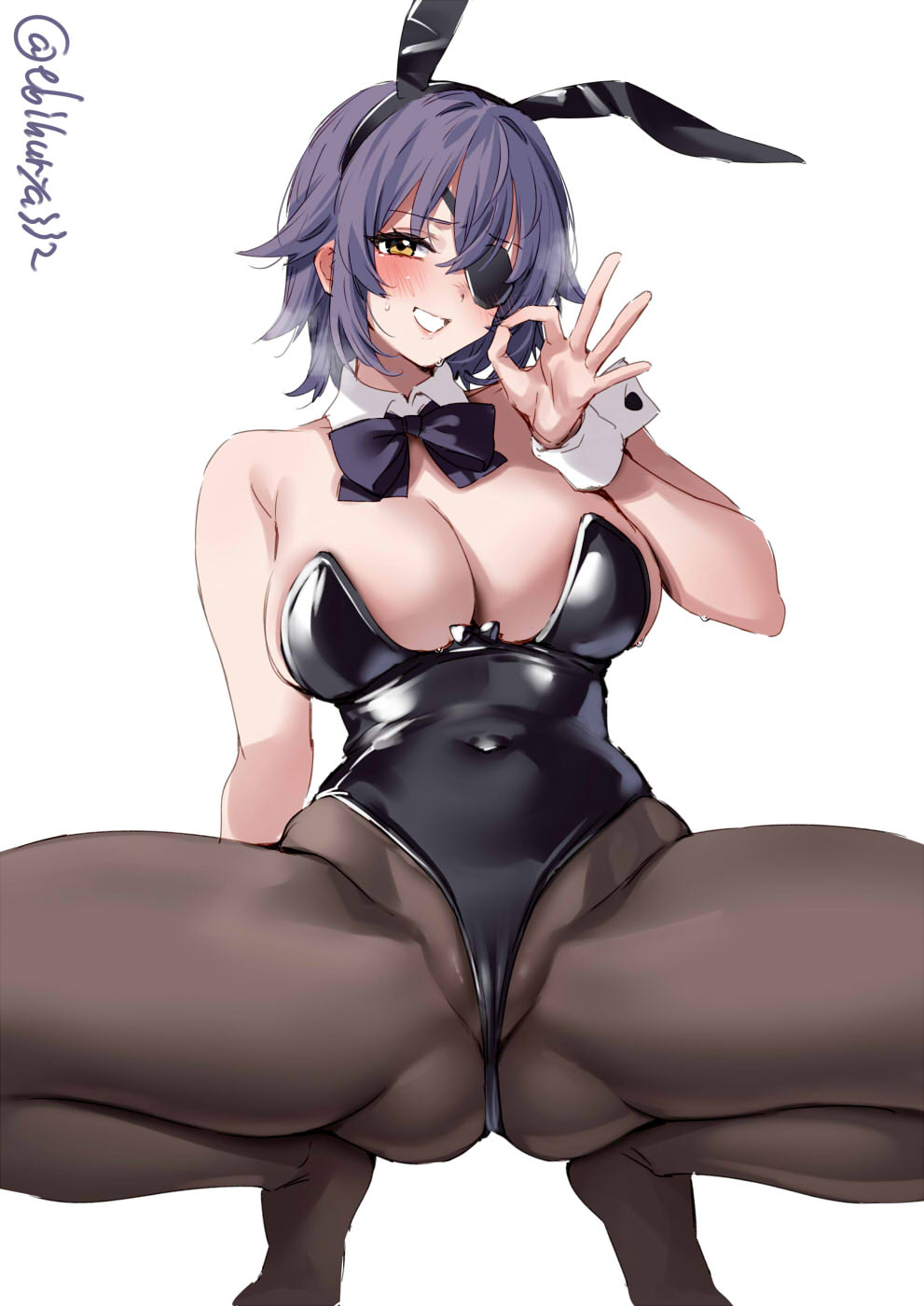 ebifurya, tenryuu (kancolle), kantai collection, commentary request, highres, 1girl, animal ears, artist name, black leotard, blush, breasts, cameltoe, covered navel, detached collar, eyepatch, fake animal ears, fellatio gesture, gluteal fold, hair between eyes, hair intakes, hand up, heavy breathing, large breasts, leotard, looking at viewer, medium hair, no shoes, one-hour drawing challenge, one eye covered, pantyhose, playboy bunny, purple hair, rabbit ears, sidelocks, simple background, skindentation, smile, solo, spread legs, squatting, strapless, strapless leotard, sweat, thick thighs, thighs, twitter username, white background, wrist cuffs