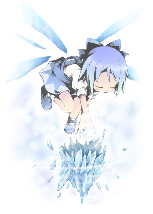 ham (points), cirno, embodiment of scarlet devil, touhou, 1girl, blue bow, blue hair, blue shoes, blue skirt, blue wings, bow, bowing, closed eyes, female focus, full body, hair bow, loli, mary janes, shirt, shoes, short hair, short sleeves, simple background, skirt, solo, suspender skirt, suspenders, white background, white shirt, wings