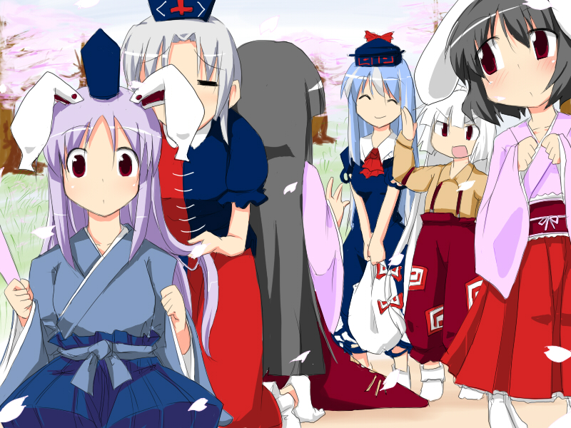 morino harifu, fujiwara no mokou, houraisan kaguya, inaba tewi, kamishirasawa keine, reisen udongein inaba, yagokoro eirin, touhou, 6+girls, = =, alternate costume, animal ears, everyone, female focus, japanese clothes, kimono, multiple girls, rabbit ears