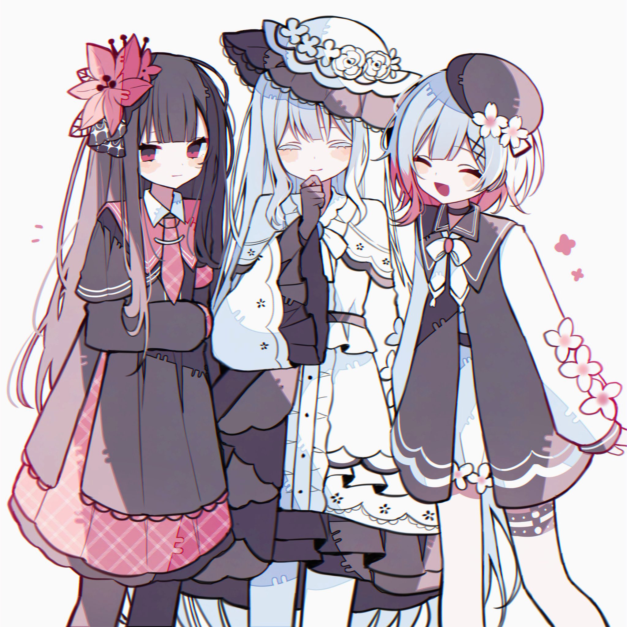 nikaidou hiro, sakuraba ema, mahou shoujo no majo saiban, commentary request, highres, spoilers, 3girls, :d, ^ ^, beret, black dress, black gloves, black hair, black hat, blunt bangs, closed eyes, closed mouth, dress, feet out of frame, flower, frilled dress, frilled sleeves, frills, gloves, hair flower, hair ornament, hand on own chin, hat, hat flower, long hair, long sleeves, looking at viewer, magical girl, multicolored hair, multiple girls, necktie, open mouth, pink hair, red eyes, red flower, red necktie, short hair, simple background, smile, standing, su (su rkgk), tsukishiro yuki, white background, white dress, white flower, white hair, white hat, x hair ornament